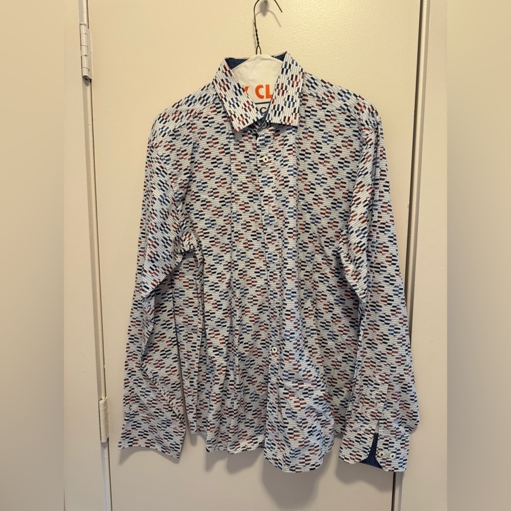 Bugatchi Men Medium Classic Fit Circular Design LS Dress Shirt